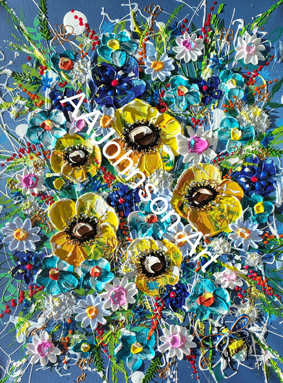 A colorful, textured floral painting featuring yellow anemones, blue flowers, white daisies, and green stems on a blue background.