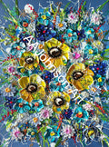 A colorful, textured floral painting featuring yellow anemones, blue flowers, white daisies, and green stems on a blue background.