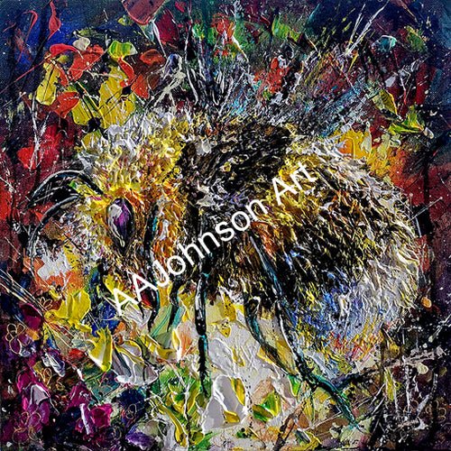Colorful pallet knife painting of a bee in fall colors