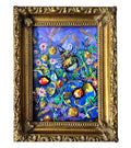 A framed colorful painting featuring a bee among flowers and wheat, enclosed in an ornate gold frame on a white background.