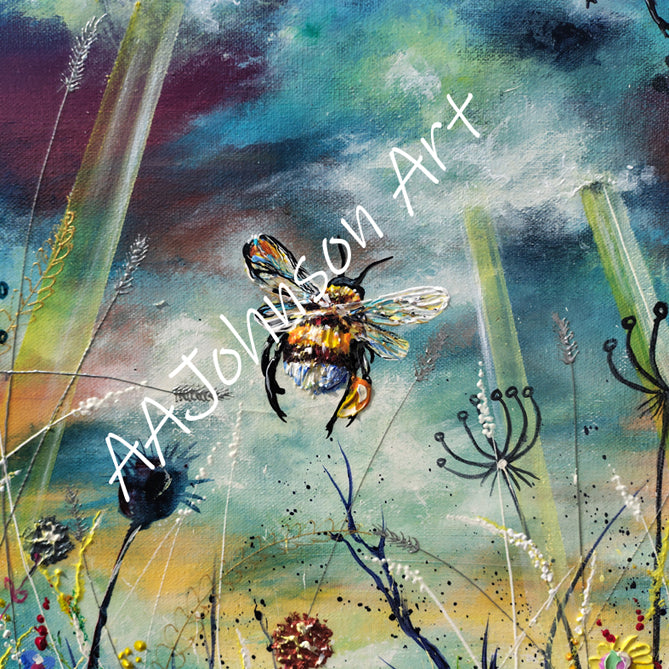 An abstract watercolor-style painting featuring a bee at the center, surrounded by tall grasses and floral elements on a swirling teal, blue, green, and cream background. 