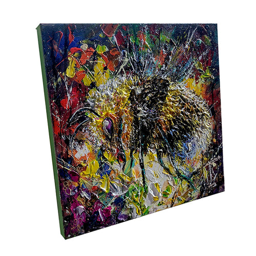 thick paint textured artwork of fall and a bee