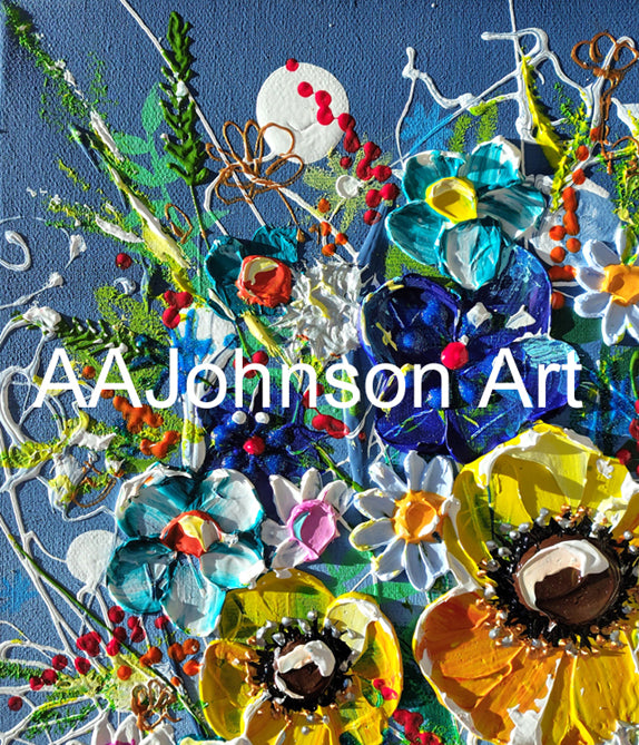 A colorful abstract floral artwork with layered flowers, leaves, berries, and textured paint strokes on a blue background