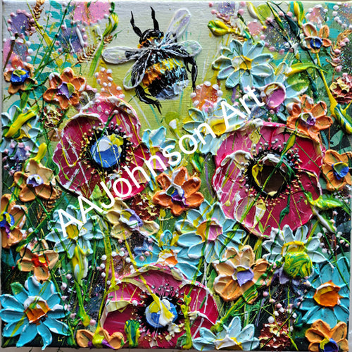 An expressive, textured canvas painting of a wildflower meadow or fairy garden with a bee at the top center. The artwork features thick impasto brushstrokes in pink, blue, green, yellow, orange, and brown.