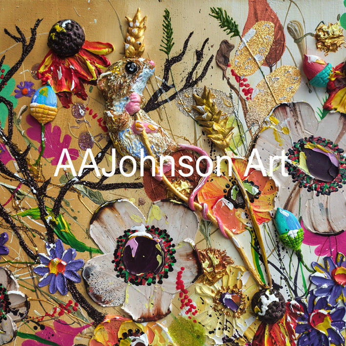 A highly textured, multicolored abstract artwork featuring a central 3d, hand sculpted harvest  mouse figure, floral elements, branches, and layered embellishments.