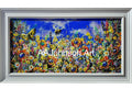 A framed colorful floral painting with a white frame, featuring a vibrant wildflower scene with a blue sky, butterflies, and a bee. 