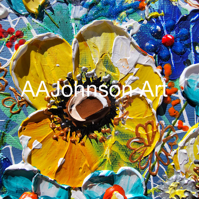 An abstract floral artwork with thick impasto brushstrokes, featuring a large yellow flower at center surrounded by blue, teal, white, orange, and brown textured elements.