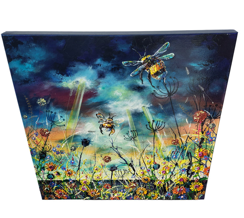 A square canvas painting featuring a vibrant, expressive seascape and a wildflower meadow with two bees under a dramatic, dark blue and teal sky