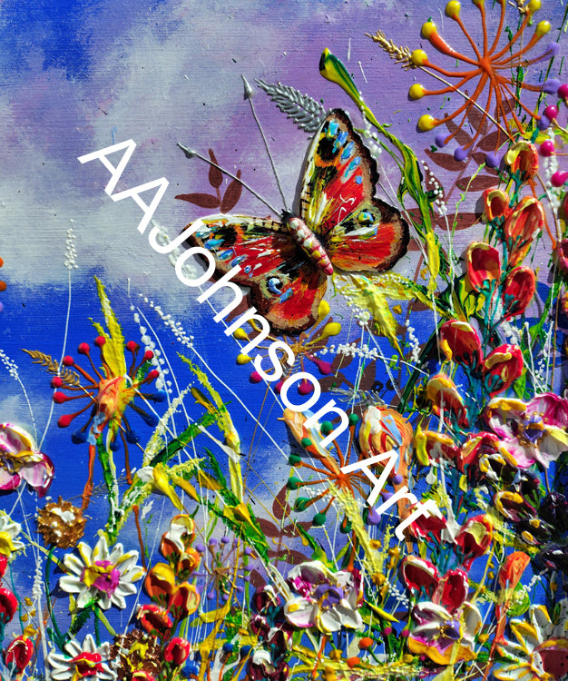 A colorful abstract floral and butterfly artwork with a blue sky-like background, dense painted flowers, and a butterfly near the center. 