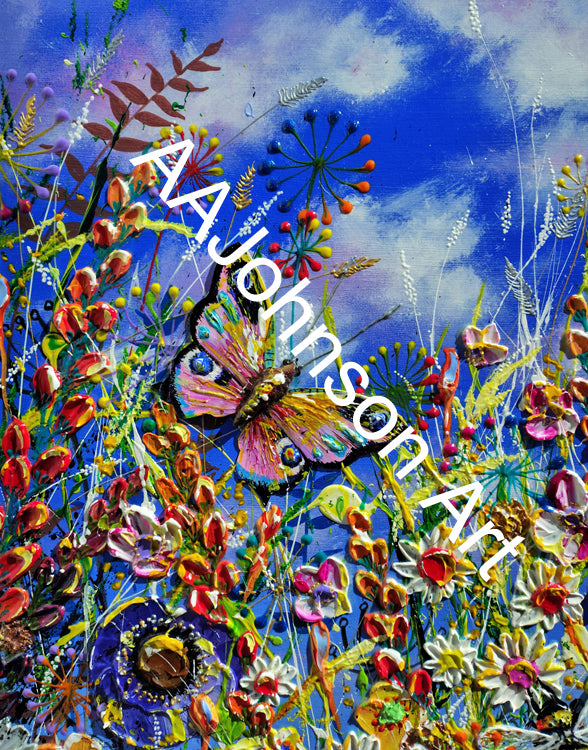 A colorful textured painting of a butterfly among wildflowers under a blue sky.