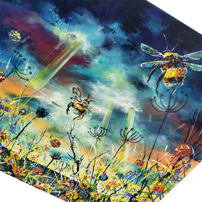 A square canvas featuring a vibrant, painterly illustration of two bumblebees flying over a field of colorful wildflowers under a dramatic, cloudy night sky.
