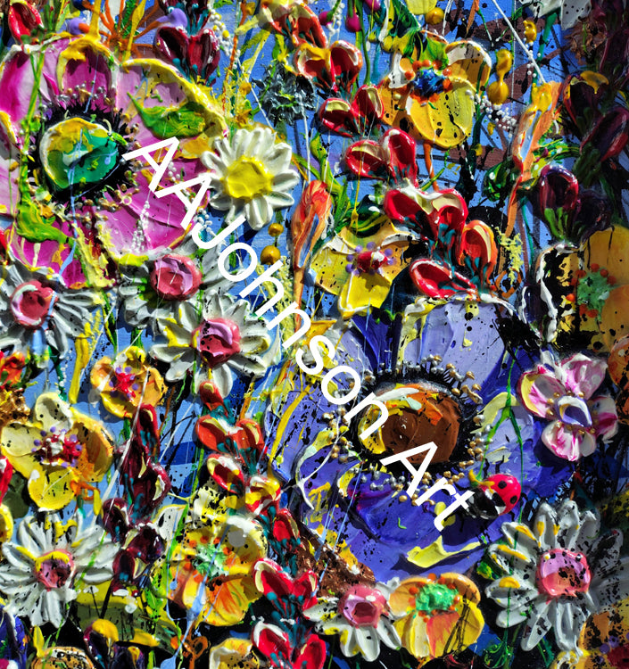 An abstract floral painting with thick impasto brushstrokes and splatters, featuring many bright colors including blue, purple, yellow, red, pink, white, and green. 