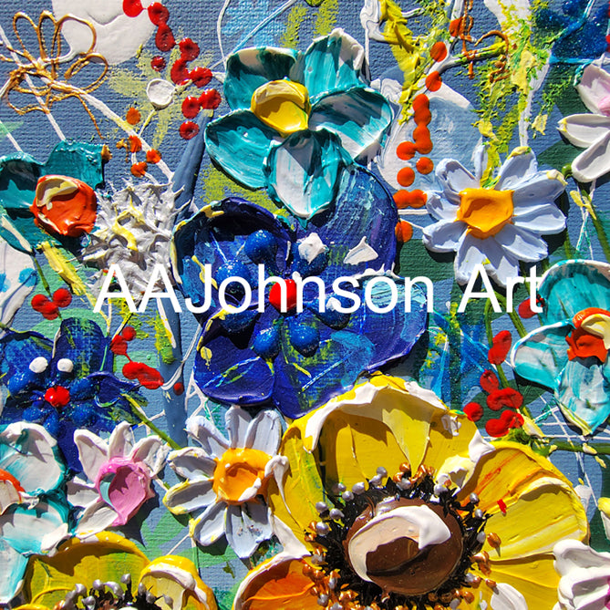 An expressive, textured floral painting with thick impasto brushstrokes. The artwork features prominent blue and yellow flowers, white daisies, red berries, and green stems on a blue background